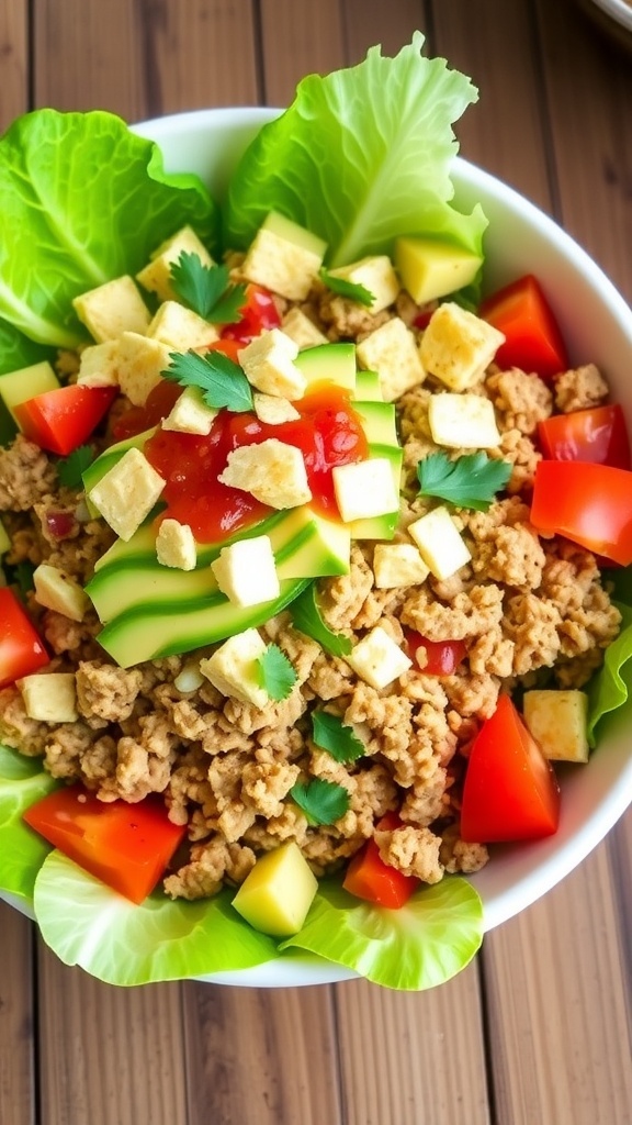 Optavia Lean and Green Taco Salad with Quest Chips A colorful taco salad with ground turkey, lettuce, tomatoes, avocado, and crushed Quest chips, served in a bowl on a wooden table.